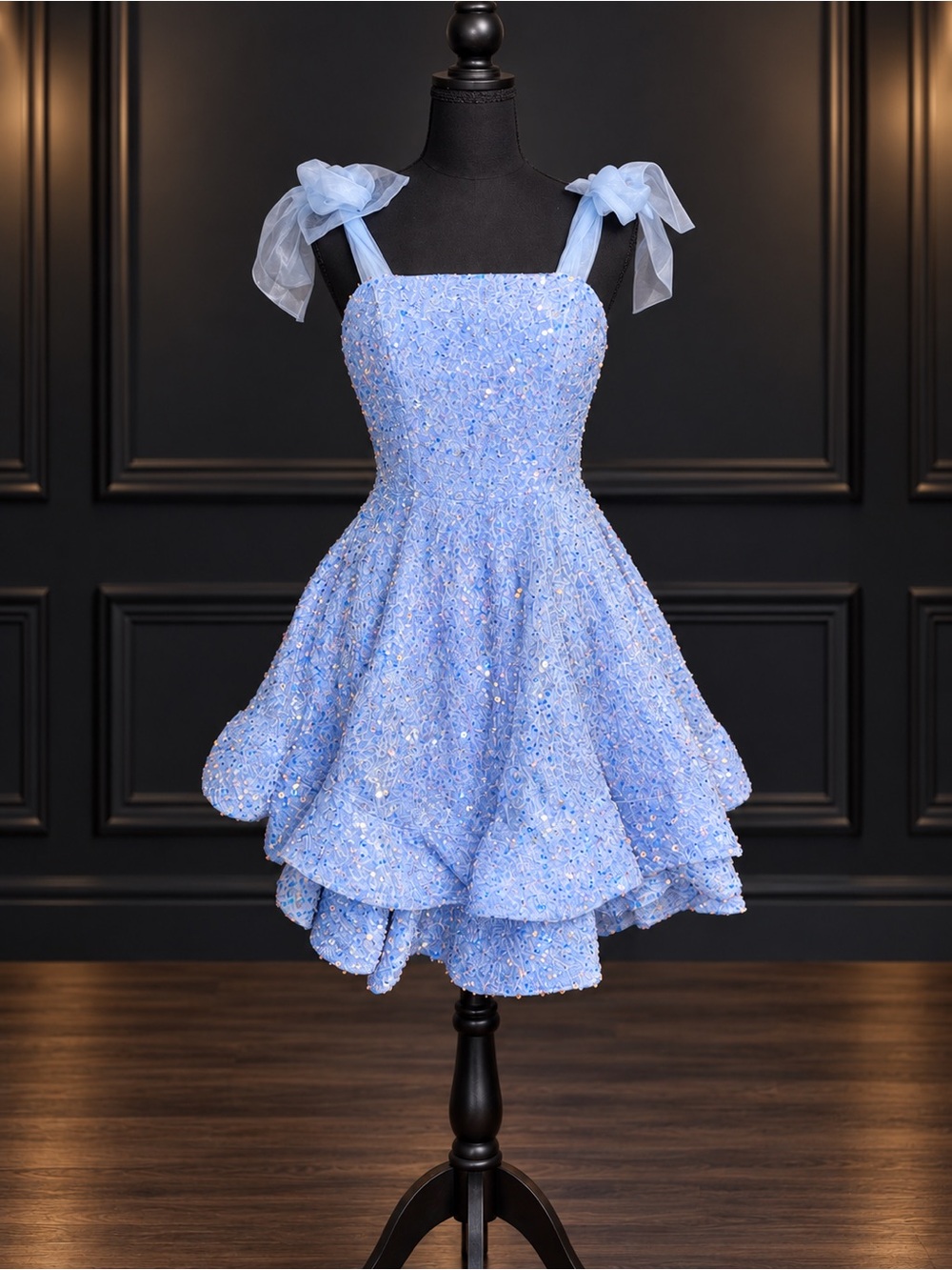 Icy Blue/Periwinkle Sequin Lace-Up Party Dress with Organza Bow Straps